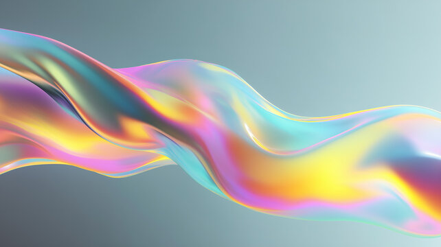 Abstract 3d holographic liquid wave background with dynamic pearlescent fluid ripples floating on grey background. Futuristic elegant texture featuring smooth gradient translucent glass color flows, s