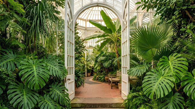 Lush green plants inside a beautiful glass greenhouse with an arched wooden door entranceway