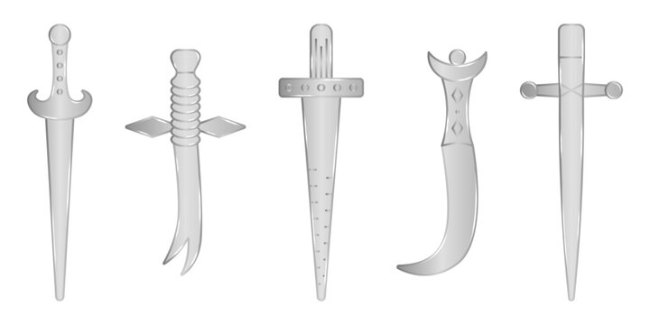 Metallic Medieval forked and usual swords, shiny silver icon set. Monochrome glossy steel vector collection