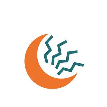 Orange crescent moon with teal zig-zag lines