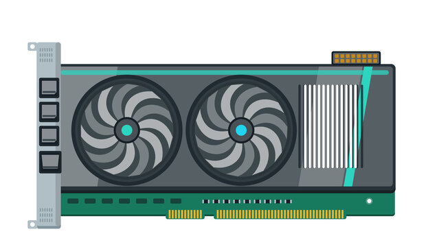 Graphics card with dual cooling fans and display ports, side view