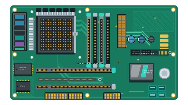 Computer motherboard top view with CPU socket, RAM slots and expansion slots