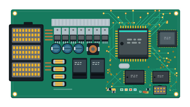 Automotive ECU circuit board with connector and power transistors