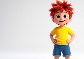 Fototapeta na wymiar Animated boy with spiky red hair and yellow shirt stands with hands on hips. This cheerful character is full of energy and confidence, perfect for kid friendly designs and game assets.