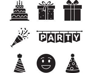 Obraz premium Party Icons Set with Cake, Gifts, Confetti, Streamer, and Banner. Celebration Design Elements, Festive Illustration.