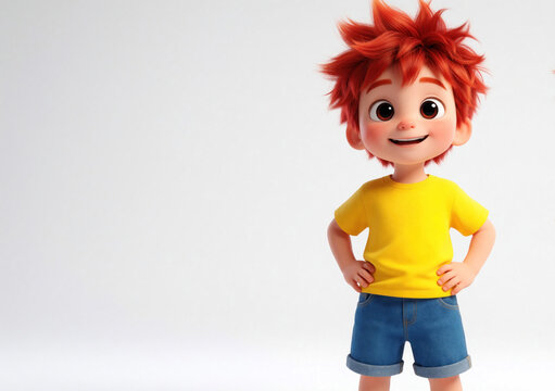 Animated boy with spiky red hair and yellow shirt stands with hands on hips. This cheerful character is full of energy and confidence, perfect for kid friendly designs and game assets.