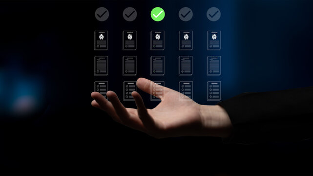 A hand reaches out to engage with a digital interface that features verification checkmarks among unchecked boxes, symbolizing decision-making in a modern context. Cyphers