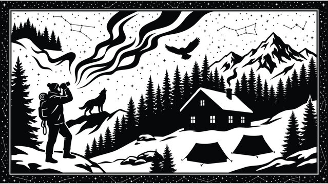 Winter landscape with northern lights, mountains, forest, cabin, camper with binoculars, wolf, and tents in vector style