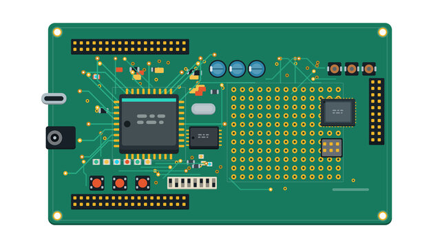 Electronics development board with microcontroller and prototyping area