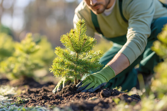 Man planting small green pine tree seedling in soil outdoors in sunny day