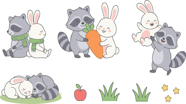 Cute Cartoon Raccoon and Bunny Best Friends Vector Set Featuring Characters Playing Together Sleeping Holding Carrot and Wearing Scarves for Kids Designs