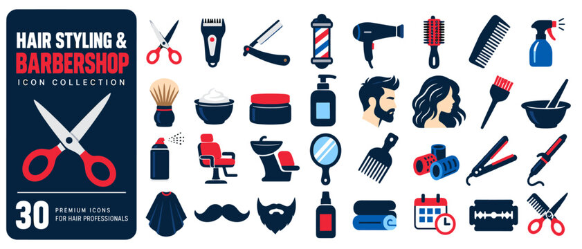 Hair styling and barbershop icon collection, 30 flat color icons: scissors, clipper, straight razor, barber pole, hair dryer, round brush, comb, spray bottle, shaving brush, shaving bowl, pomade