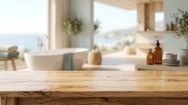 Empty wooden table mockup with blurred luxury bathroom spa interior background featuring sea view for product display.