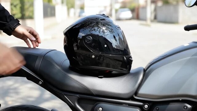 Motorcycle helmet placed carefully on a parked bike seat by a rider