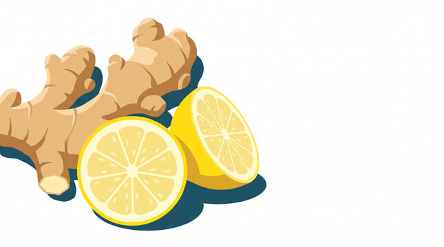 Ginger root and lemon slices on a white background  