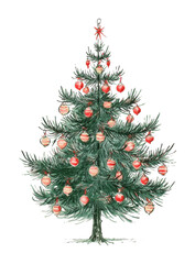 Obraz premium PNG Hand drawn Christmas tree with red ornaments on textured background