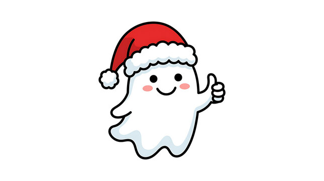 Cute ghost wearing Santa hat giving thumbs up during winter celebration with cheerful expression