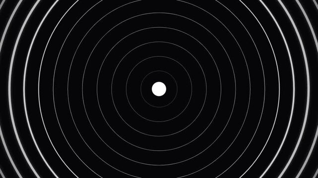 Abstract White Concentric Circles Expanding from Center Dot on Black Background