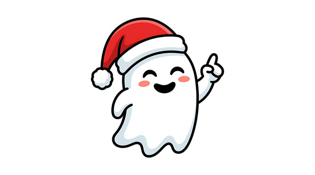 Cute ghost wearing Santa hat pointing finger with happy expression during Christmas celebration