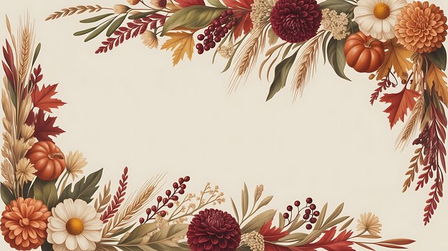 Beautiful watercolor autumn floral frame with pumpkins and dried leaves for seasonal greeting cards and invitations