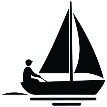 Sailing dinghy with single sailor silhouette cruising on water minimalist vector icon.