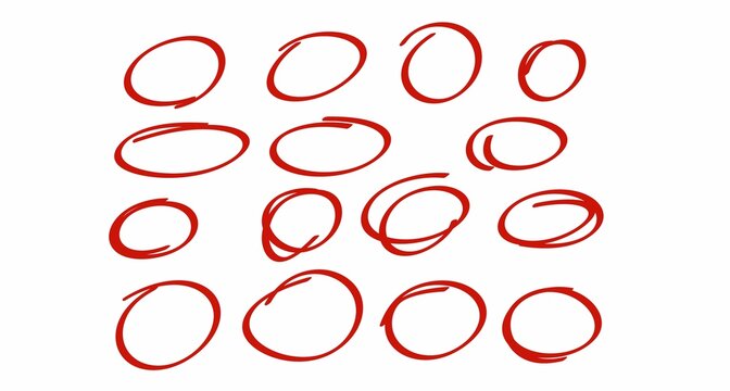 Hand drawn red line brush oval set.hand draw line brush pencil oval red Color doodle marker chalk pen . round circle underline frame check sign bubble texture background vector illustration.	
