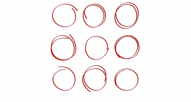 Hand drawn red line brush oval set.hand draw line brush pencil oval red Color doodle marker chalk pen . round circle underline frame check sign bubble texture background vector illustration.	