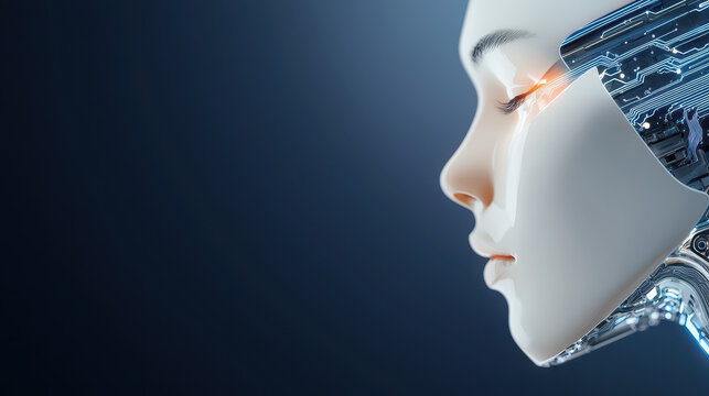 Futuristic robot face with intricate circuitry and glowing elements, symbolizing advanced technology and artificial intelligence