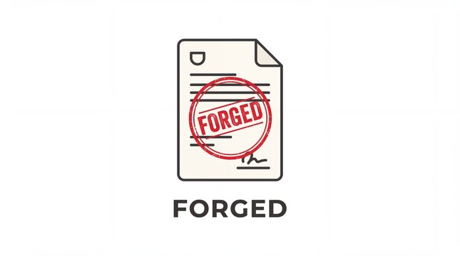 Forged Document Icon with Red Rubber Stamp on White Background
