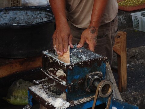 Manual coconut grating process at a traditional market in the Indonesian city of Yogyakarta on the island of Java for authentic cooking