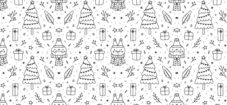 Seamless Vector Pattern of Black and White Christmas Doodles Featuring Holiday Trees, Gift Boxes, and Cute Gnome Characters