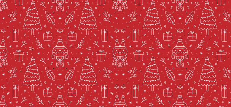 Seamless Vector Pattern of Red Christmas Holiday Doodles Featuring Festive Trees, Gift Boxes, and Cute Gnome Characters