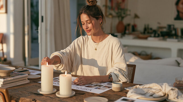 A business coach lights two pillar candles on a rough timber table before a client session, a shadow falling dramatically across her vision board from the candlelight, her morning