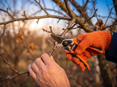 Gardener wearing orange work gloves pruning fruit tree branches with garden shears tree care spring pruning garden maintenance branch cutting orchard care yard work