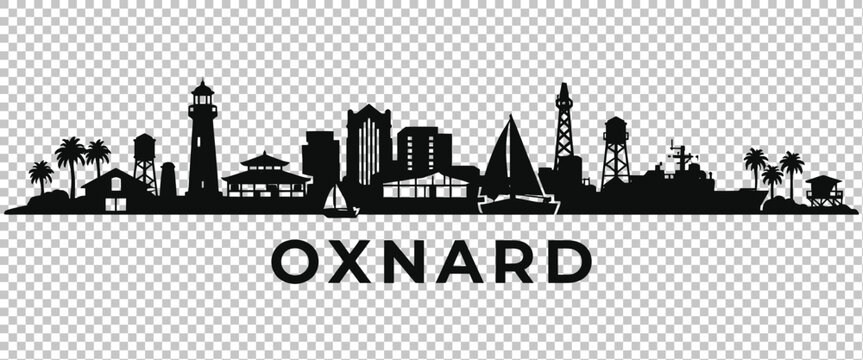 Oxnard california city skyline silhouette with famous landmarks and text