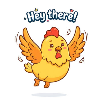 Cute cartoon chicken flying with hey there sign.