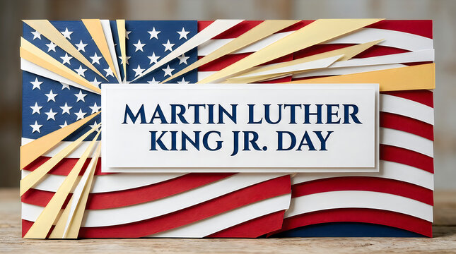 Martin luther king jr day text sign over a festive american flag background with patriotic colors