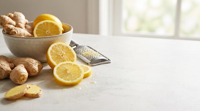 Fresh ginger root and lemon slices on a kitchen countertop  