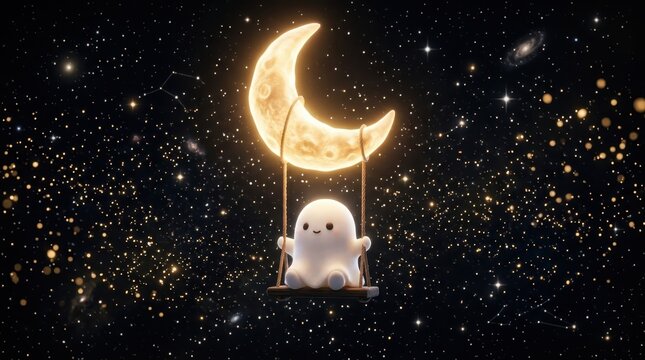Cute ghost sitting on a wooden swing suspended from a glowing crescent moon, Halloween, whimsical space fantasy for children's room decor