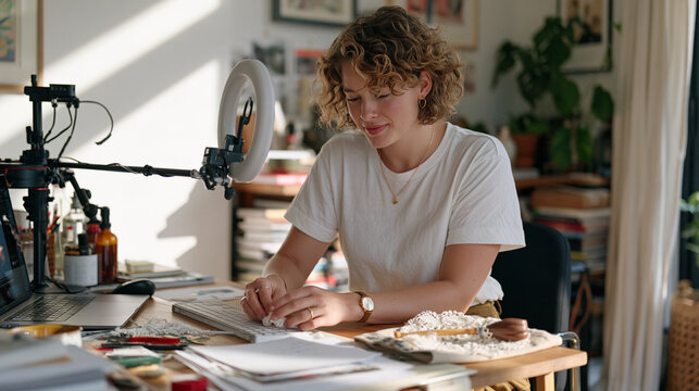 Online educator at a busy urban home desk cleaning and maintaining a ring light and camera mount setup, a tatting lace shuttle craft project sitting in a fabric pouch beside the