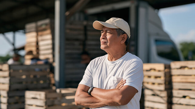 Elderly Filipino farmer watching a local delivery truck being packed with fresh harvested tropical fruit crates at a rural packhouse loading zone, smallholder agriculture, farm to