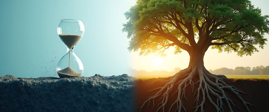 Hourglass measuring time next to mature tree with roots symbolizing growth and passage of time concept.