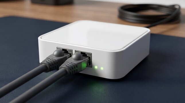 Compact white network router with two ethernet cables plugged in and active green signal lights on a dark desk ethernet cable internet switch data connection ethernet