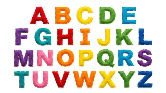 Alphabet letters made from colorful felt fabric stitched with white thread isolated on transparent background