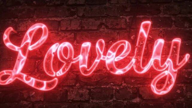 Bright red neon sign with the word lovely glowing against a dark textured rustic brick wall background