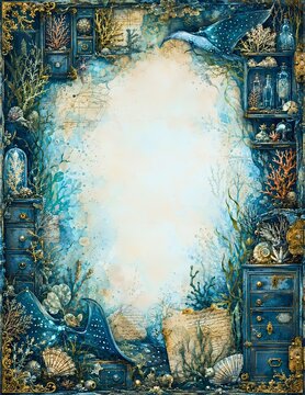 An ornate, detailed border in shades of blue and teal, filled with underwater elements like coral, seashells, and manta rays, framing a bright, empty center