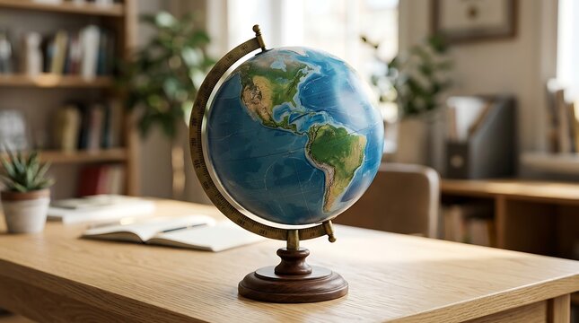 Wooden desk with globe and books in a cozy home office or study room