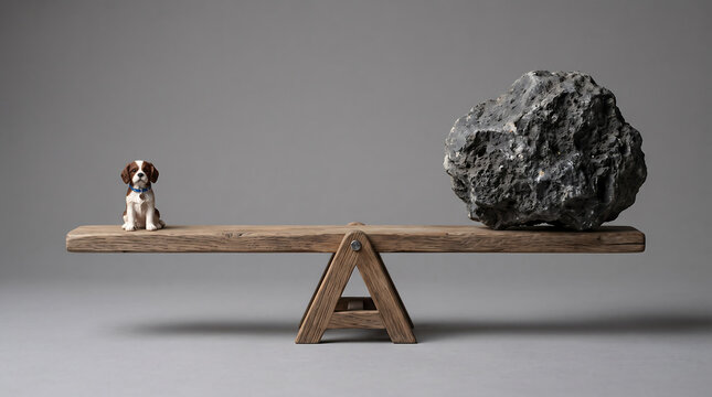 Balanced seesaw with small dog figurine and large rock on wooden plank
