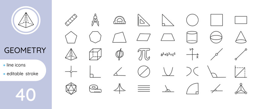 Geometry-themed linear icon set, editable stroke