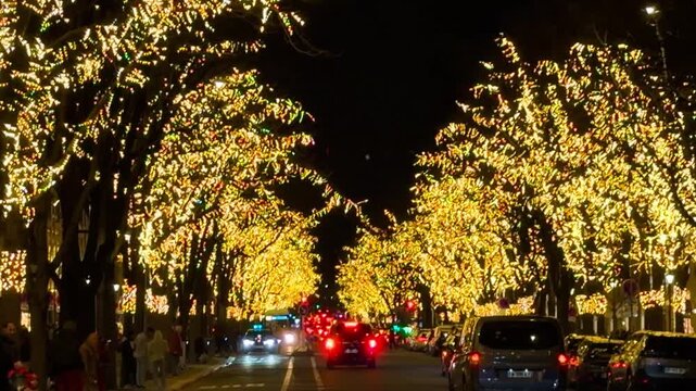 Christmas and New Year light decorations on the streets of Paris, France, December 25, 2025. High quality 4k footage
